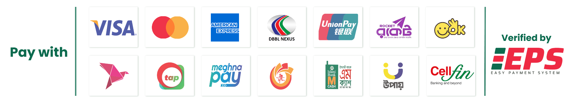 Pay with — Visa, Mastercard, American Express, DBBL Nexus, Rocket, bKash, Nagad, Upay, OK & more — Verified by EPS